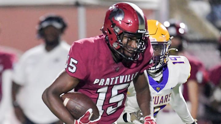 Prattville’s Donavan Brown (15) carries against JAG during their game at Stanley Jensen Stadium in Prattville, Ala., on Friday November 1, 2024. Prattville’s Donavan Brown (15) carries against JAG during their game at Stanley Jensen Stadium in Prattville, Ala., on Friday November 1, 2024.