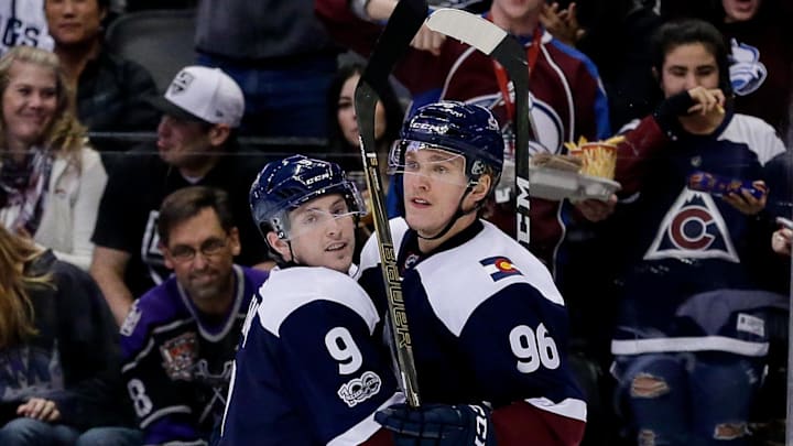Feb 21, 2017; Denver, CO, USA; Colorado Avalanche center Matt Duchene (9) celebrates the goal of right wing Mikko Rantanen (96) in the second period against the Los Angeles Kings at the Pepsi Center. Mandatory Credit: Isaiah J. Downing-Imagn Images