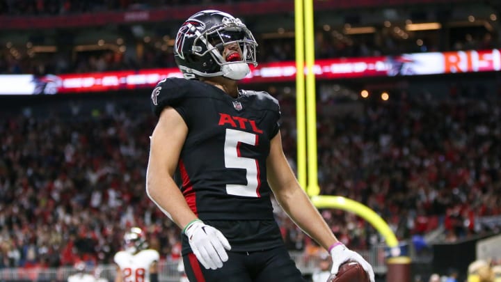 Dec 10, 2023; Atlanta, Georgia, USA; Atlanta Falcons wide receiver Drake London (5) reacts after a