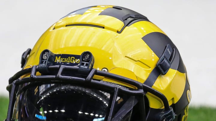 A Michigan football helmet on the sideline during open practice at NRG Stadium in Houston, Texas on Saturday, Jan. 6, 2024.