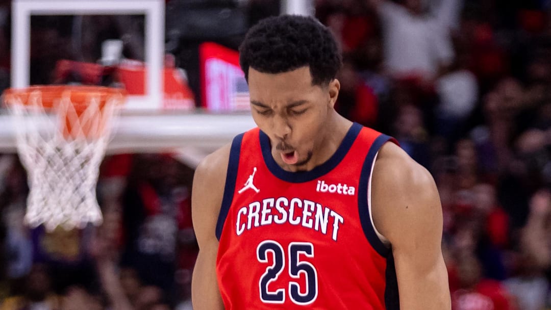 Apr 16, 2024; New Orleans, Louisiana, USA; New Orleans Pelicans guard Trey Murphy III (25) reacts to making a three point basket against the Los Angeles Lakers during the second half of a play-in game of the 2024 NBA playoffs at Smoothie King Center. Mandatory Credit: Stephen Lew-Imagn Images