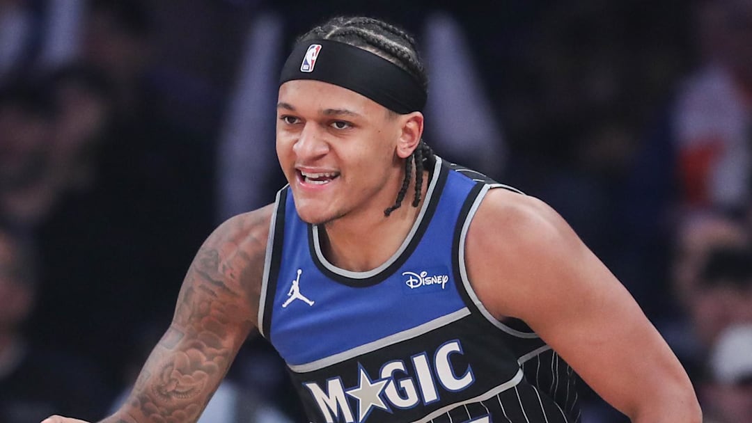 Dec 7, 2025; New York, New York, USA;  Orlando Magic forward Paolo Banchero (5) gestures after making a three point shot in the first quarter against the New York Knicks at Madison Square Garden. Mandatory Credit: Wendell Cruz-Imagn Images