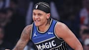 Dec 7, 2025; New York, New York, USA;  Orlando Magic forward Paolo Banchero (5) gestures after making a three point shot in the first quarter against the New York Knicks at Madison Square Garden. Mandatory Credit: Wendell Cruz-Imagn Images