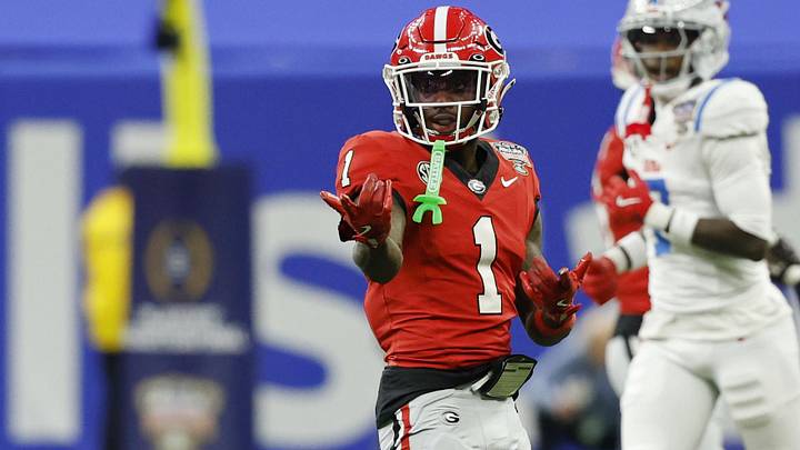 Jan 1, 2026; New Orleans, LA, USA; Georgia Bulldogs wide receiver Zachariah Branch (1) gestures after a first down against the Mississippi Rebels during the 2026 Sugar Bowl and quarterfinal game of the College Football Playoff at Caesars Superdome. Mandatory Credit: Geoff Burke-Imagn Images