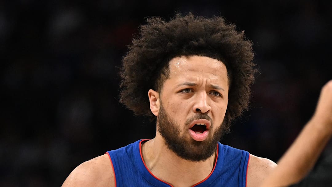 Feb 3, 2026; Detroit, Michigan, USA; Detroit Pistons guard Cade Cunningham (2) argues with official Jacyn Goble (68) after being called for a foul against the Denver Nuggets in the second quarter at Little Caesars Arena. Mandatory Credit: Lon Horwedel-Imagn Images