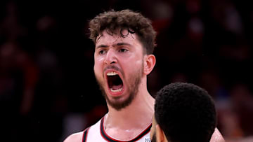 Apr 4, 2025; Houston, Texas, USA; Houston Rockets center Alperen Sengun (28) reacts after a dunk against the Oklahoma City Thunder during the fourth quarter at Toyota Center. Mandatory Credit: Erik Williams-Imagn Images