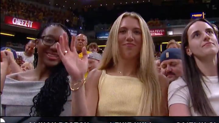 Aliyah Boston, Lexie Hull and Caitlin Clark on TNT during the Pacers-Knicks game.