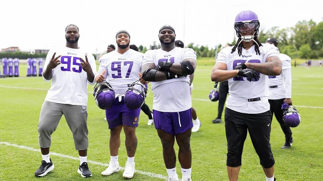 Vikings defensive linemen during June 2026 minicamp. 