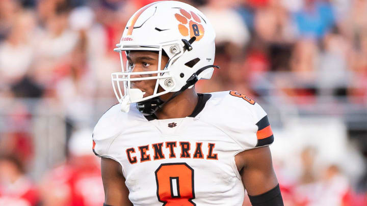 Central York cornerback Saxton Suchanic gets ready for a play during a non-conference football game against Cumberland Valley at Chapman Field August 26, 2023, in Mechanicsburg. The Panthers won, 14-0.