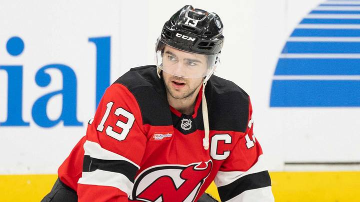 Apr 9, 2026; Newark, New Jersey, USA; New Jersey Devils center Nico Hischier (13) before the game against against the Pittsburgh Penguins at Prudential Center. Mandatory Credit: Luther Schlaifer-Imagn Images