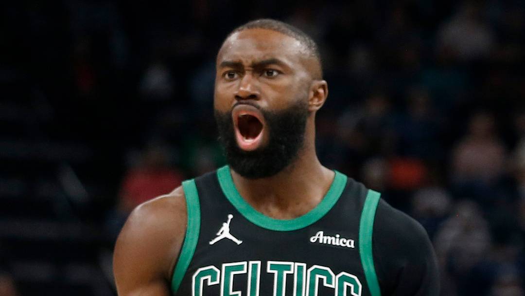 Mar 20, 2026; Memphis, Tennessee, USA; Boston Celtics guard Jaylen Brown (7) and forward Jayson Tatum (0) react during the third quarter against the Memphis Grizzliesat FedExForum. Mandatory Credit: Petre Thomas-Imagn Images