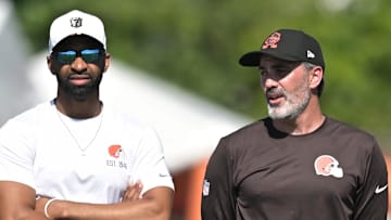 Jul 23, 2025; Berea, OH, USA; Cleveland Browns head coach Kevin Stefanski, right, and executive vice president, football operations & general manager Andrew Berry watch the team during training camp at CrossCountry Mortgage Campus. 