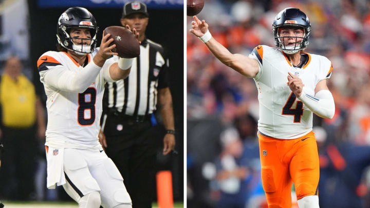 Denver Broncos quarterbacks Jarrett Stidham (8) and Zach Wilson (4) during preseason action. 