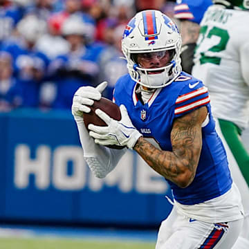 Buffalo Bills wide receiver Keon Coleman (0) runs with the ball after catching a pass during first half action at the Bills home game against the New York Jets at Highmark Stadium in Orchard Park on Dec. 29, 2024.