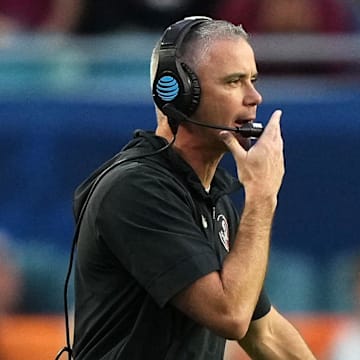 Dec 30, 2023; Miami Gardens, FL, USA; Florida State Seminoles head coach Mike Norvell during the first half against the Georgia Bulldogs in the 2023 Orange Bowl at Hard Rock Stadium. Mandatory Credit: Jasen Vinlove-Imagn Images