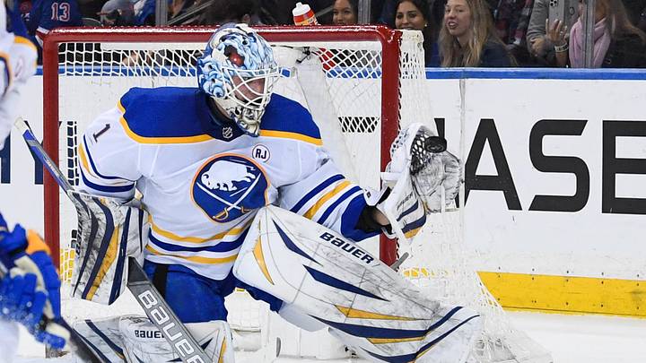 Dec 23, 2023; New York, New York, USA; Buffalo Sabres goaltender Ukko-Pekka Luukkonen (1) makes a