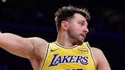 Los Angeles Lakers guard Luka Doncic gets the rebound against the against the Phoenix Suns.