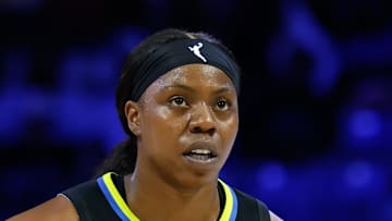 Dallas Wings guard Arike Ogunbowale reacts against the Washington Mystics.