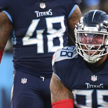 Tennessee Titans defensive end Jeffery Simmons reacts after a play.