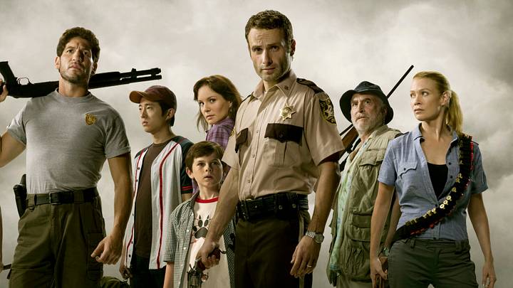 Amy (Emma Bell), Shane Walsh (Jon Bernthal), Glenn (Steven Yeun), Carl Grimes (Chandler Riggs), Lori Grimes (Sarah Wayne Callies), Rick Grimes (Andrew Lincoln), Dale (Jeffrey DeMunn) and Andrea (Laurie Holden) - The Walking Dead - Season 1 - Photo Credit: Matthew Welch / AMC