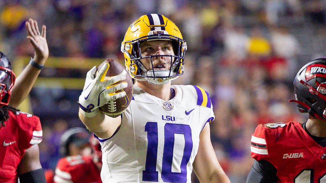 Nov 22, 2025; Baton Rouge, Louisiana, USA; LSU Tigers tight end Bauer Sharp (10) reacts to making a first down against Western Kentucky Hilltoppers defensive back Avarion Cole (16) during the second half at Tiger Stadium. Mandatory Credit: Stephen Lew-Imagn Images Nov 22, 2025; Baton Rouge, Louisiana, USA; LSU Tigers tight end Bauer Sharp (10) reacts to making a first down against Western Kentucky Hilltoppers defensive back Avarion Cole (16) during the second half at Tiger Stadium. Mandatory Credit: Stephen Lew-Imagn Images