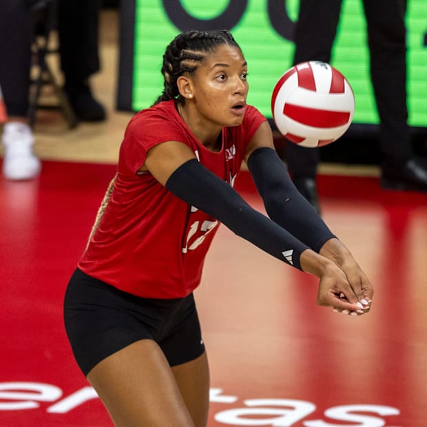 Nebraska outside hitter Taylor Landfair receives a serve during the Red-White Scrimmage on Saturday.