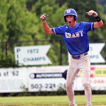 Grant sophomore Grant Snidow gestures toward the Generals’ dugout after hitting a sixth-inning triple during the team’s 3-0 win at Wells.