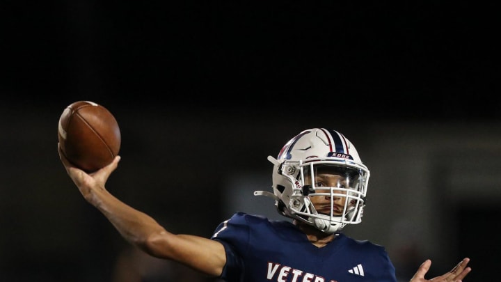 Veterans Memorial quarterback Billy White III passes during the game at Buccaneer Stadium on Oct. 12, 2023, in Corpus Christi, Texas.