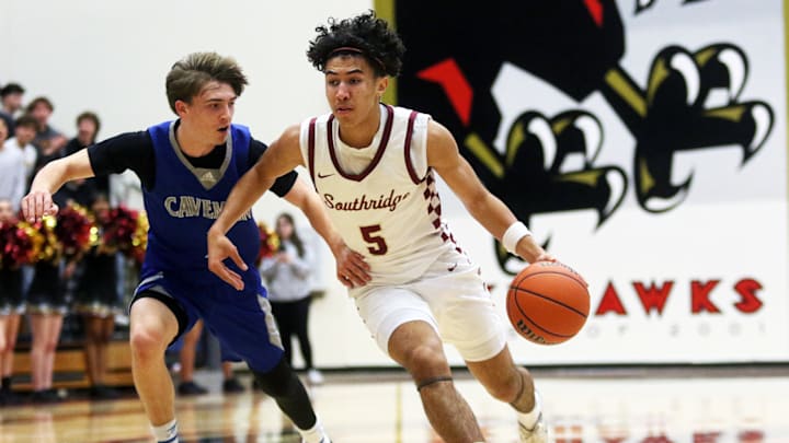 Southridge sophomore Elijah Thompson led a balanced Skyhawks scoring attack with 16 points in a 72-43 win over Grants Pass in Wednesday’s Class 6A state playoff opener. Southridge sophomore Elijah Thompson led a balanced Skyhawks scoring attack with 16 points in a 72-43 win over Grants Pass in Wednesday’s Class 6A state playoff opener.