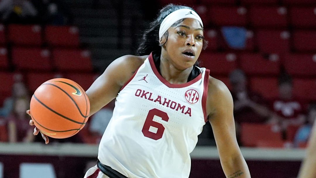 Oklahoma forward Sahara Williams (6) works up court in the first quarter during an NCAA Women’s basketball game between the Oklahoma Sooners and Belmont at Lloyd Noble Center in Norman, Okla., on Monday, Nov. 3, 2025.