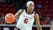 Oklahoma forward Sahara Williams (6) works up court in the first quarter during an NCAA Women’s basketball game between the Oklahoma Sooners and Belmont at Lloyd Noble Center in Norman, Okla., on Monday, Nov. 3, 2025.