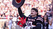 Texas Tech's Jacob Rodriguez acknowledges the crowd after being honored on senior day before a Big 12 Conference football game, Saturday, Nov. 15, 2025, at Jones AT&T Stadium.