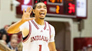 Indiana's Myles Rice (1) directs the offense during the Indiana versus Southern Illinois University Edwardsville men's basketball game at Simon Skjodt Assembly Hall on Wednesday, Nov. 6, 2024.