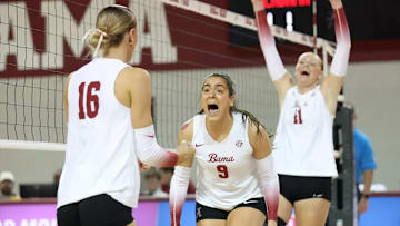 Alabama Volleyball Player Sophie Agee (16) and Alabama Volleyball Player Lily Gervase (9) in action against Missouri at Foster Auditorium in Tuscaloosa, AL on Sunday, Nov 16, 2025.