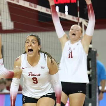 Alabama Volleyball Player Sophie Agee (16) and Alabama Volleyball Player Lily Gervase (9) in action against Missouri at Foster Auditorium in Tuscaloosa, AL on Sunday, Nov 16, 2025.