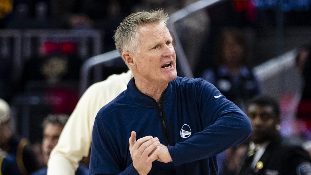 Jan 17, 2026; San Francisco, California, USA; Golden State Warriors head coach Steve Kerr reacts after a foul is called in favor of the Charlotte Hornets during the third quarter at Chase Center. Mandatory Credit: John Hefti-Imagn Images