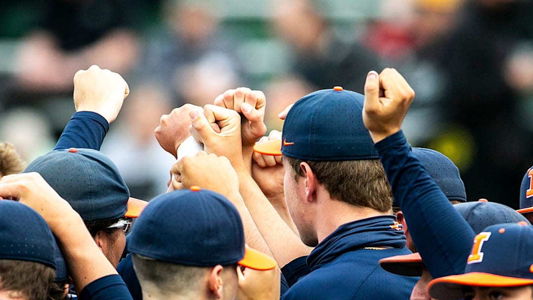 Illinois Fighting Illini players huddle up before a NCAA Big Ten Conference baseball game against Iowa, Friday, May 14, 2021, at Duane Banks Field in Iowa City, Iowa.