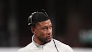 Jan 20, 2025; Atlanta, GA, USA; Notre Dame Fighting Irish head coach Marcus Freeman reacts against the Ohio State Buckeyes in the second half in the CFP National Championship college football game at Mercedes-Benz Stadium. Mandatory Credit: Dale Zanine-Imagn Images
