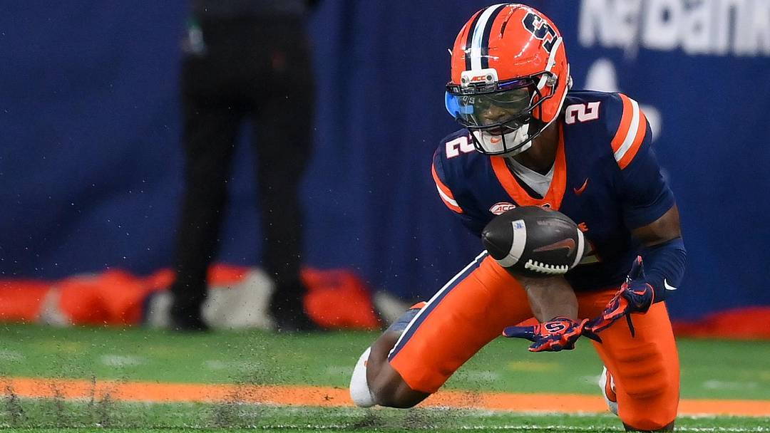 Nov 29, 2025; Syracuse, New York, USA; Syracuse Orange wide receiver Johntay Cook (2) makes a catch against the Boston College Eagles during the second half at the JMA Wireless Dome. Mandatory Credit: Rich Barnes-Imagn Images