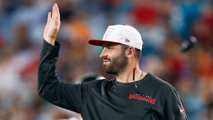 Aug 17, 2024; Jacksonville, Florida, USA; Tampa Bay Buccaneers kicker Chase McLaughlin (4) and quarterback Baker Mayfield (6) react during the second quarter against the Jacksonville Jaguars at EverBank Stadium. Mandatory Credit: Douglas DeFelice-USA TODAY Sports