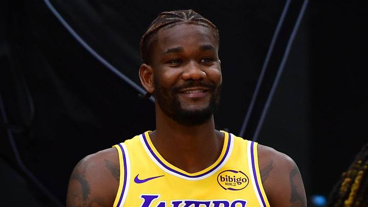 Sep 29, 2025; Los Angeles, CA, USA; Los Angeles Lakers guard Augustus Marciulionis (31), center Deandre Ayton (5) and guard R.J. Davis (55) during media day at UCLA Health Training Center. Mandatory Credit: Gary A. Vasquez-Imagn Images