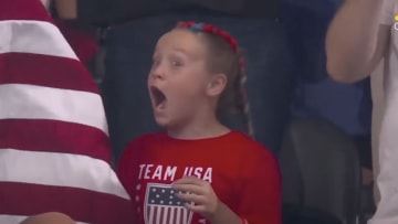 Katie Ledecky made this young fan's year with a quick glance after winning gold in the 1500m.