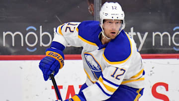 Mar 9, 2021; Philadelphia, Pennsylvania, USA; Buffalo Sabres center Eric Staal (12) during the first period against the Philadelphia Flyers at Wells Fargo Center. Mandatory Credit: Eric Hartline-Imagn Images