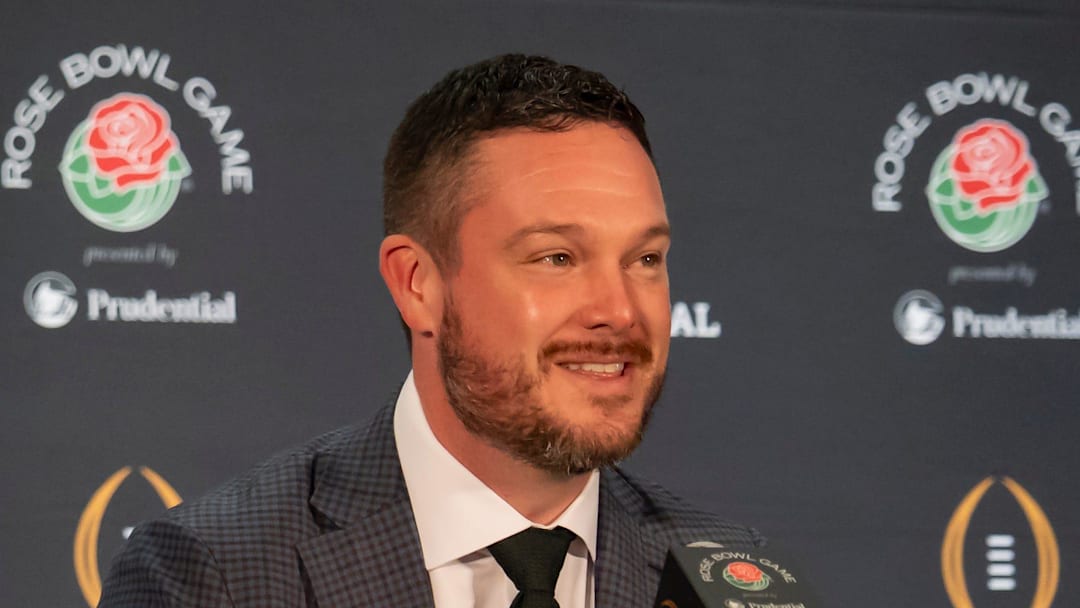 Oregon head coach Dan Lanning speaks during the coaches press conference in Los Angeles Tuesday, Dec. 31, 2024, ahead of the Rose Bowl.