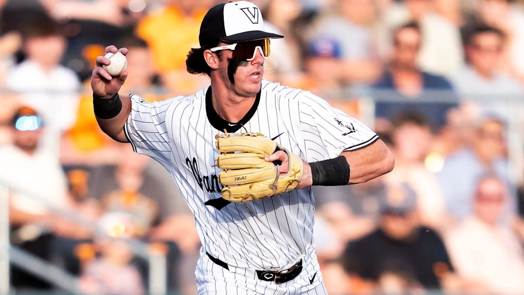 Vanderbilt's Brodie Johnston (9) throws to second base during a college baseball game between Tennessee and Vanderbilt at Lindsey Nelson Stadium in Knoxville, Tenn., on May 9, 2025.