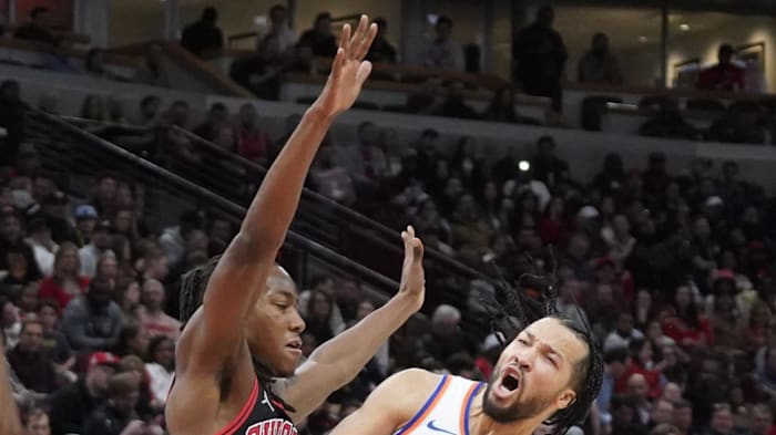 Apr 5, 2024; Chicago, Illinois, USA; Chicago Bulls guard Ayo Dosunmu (12) defends New York Knicks