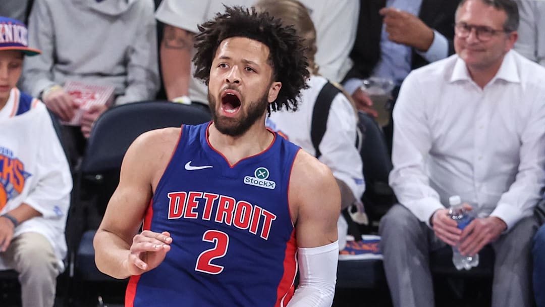 Apr 29, 2025; New York, New York, USA; Detroit Pistons guard Cade Cunningham (2) celebrates after scoring in the third quarter against the New York Knicks during game five of first round for the 2025 NBA Playoffs at Madison Square Garden. Mandatory Credit: Wendell Cruz-Imagn Images