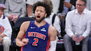 Apr 29, 2025; New York, New York, USA; Detroit Pistons guard Cade Cunningham (2) celebrates after scoring in the third quarter against the New York Knicks during game five of first round for the 2025 NBA Playoffs at Madison Square Garden. Mandatory Credit: Wendell Cruz-Imagn Images