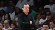 Apr 26, 2025; Miami, Florida, USA; Cleveland Cavaliers head coach Kenny Atkinson looks on from the sideline against the Miami Heat in the first quarter during game three for the first round of the 2025 NBA Playoffs at Kaseya Center. Mandatory Credit: Sam Navarro-Imagn Images