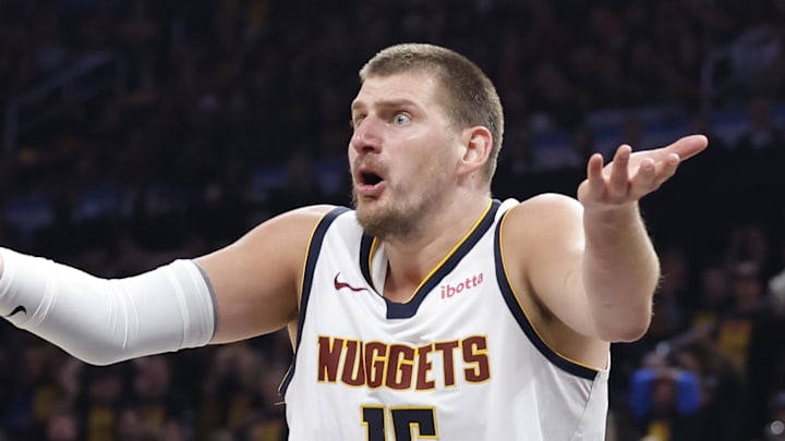 May 5, 2025; Oklahoma City, Oklahoma, USA; Denver Nuggets center Nikola Jokic (15) reacts after a play against the Oklahoma City Thunder during the second half in game one of the second round for the 2025 NBA Playoffs at Paycom Center. Mandatory Credit: Alonzo Adams-Imagn Images